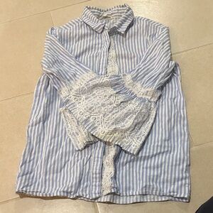 Buffalo Striped Bell Sleeve Blouse Crochet Lace Trim XS nautical preppy boho